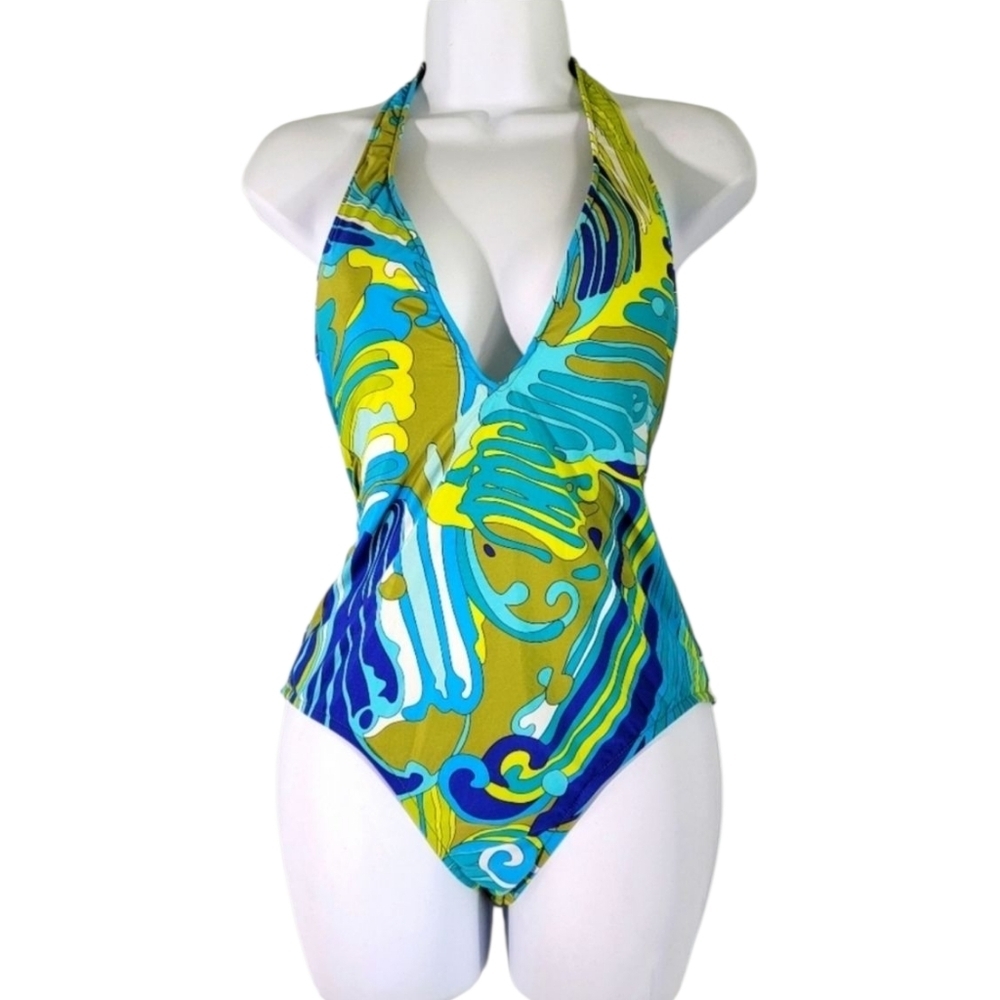 TRINA TURK Women's One-Piece Swimsuit Sz 6 Blue/Green Paisley Pool Beach Cottage